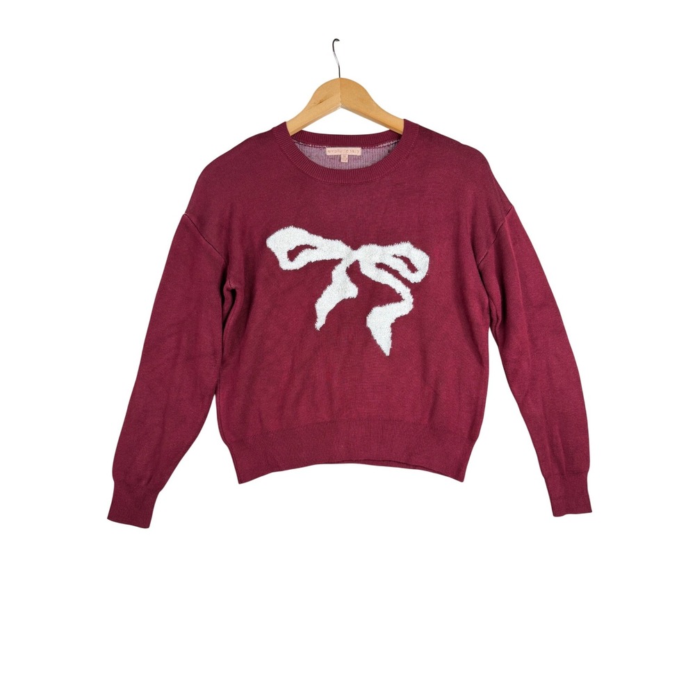 Evolutionary‎ Bow Print Crewneck Sweater size Medium Maroon Red/Pink